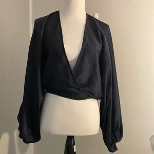 Free People Blue Long Sleeve Wrap Crop Blouse